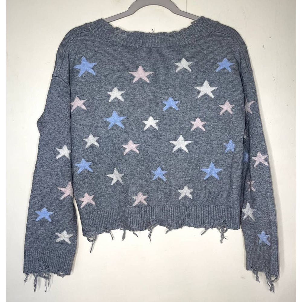 Wild Honey Size Medium Gray Distressed Cropped Sweater with Stars V Neck - Picture 4 of 5